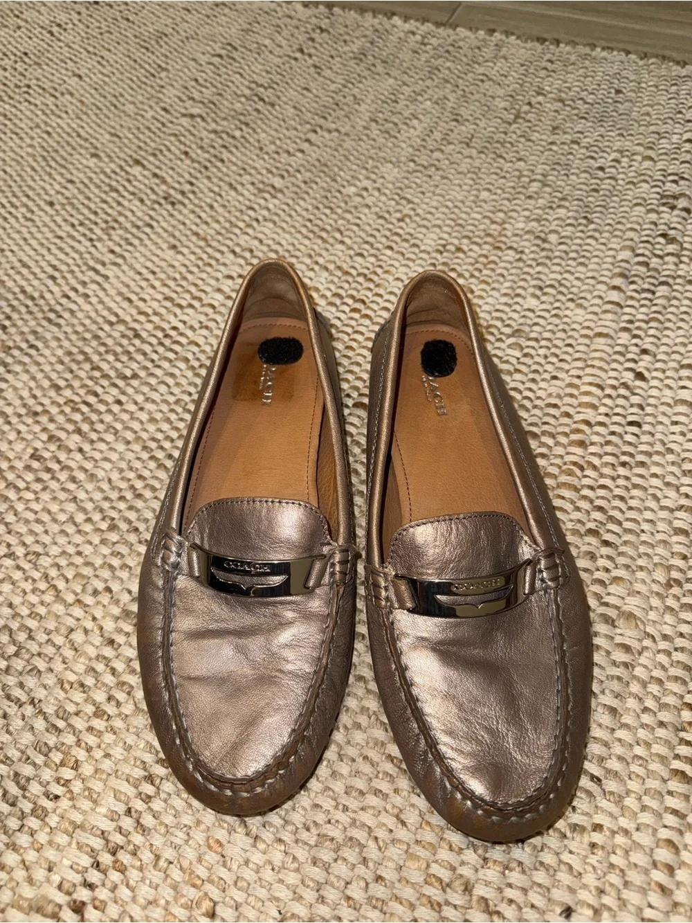 Coach Metallic Taupe Leather Moccasin Flats
